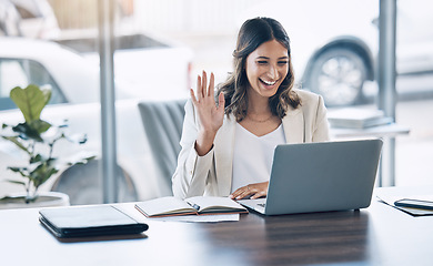 Image showing Woman, wave or video call on laptop conference, lawyer training workshop or virtual consulting appointment. Smile, happy or attorney on technology webinar and hello or greeting hands in legal office