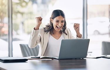 Image showing Laptop, winning and winner business woman with online sale, email announcement of promotion or bonus success. Excited corporate person with fist pump for office celebration, salary increase or target