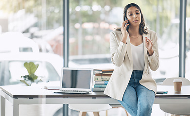 Image showing Business woman, phone call or networking for marketing collaboration idea, advertising branding deal or startup funding. Talking, employee or worker on mobile communication technology for negotiation