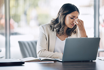 Image showing Lawyer, laptop or stress headache with problem, court case loss or legal research burnout in corporate law firm. Anxiety, pain or migraine for attorney woman on technology with doubt or mental health