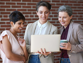 Image showing Business, laptop and women planning or talking about ideas, strategy and brainstorming. Happy diversity management team friends for online discussion, collaboration and teamwork on startup project