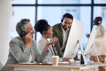 Image showing Call center, office team and woman with telemarketing communication, customer support and telecom startup. Talking, happy chat and business people, employees or agent at consulting agency or company