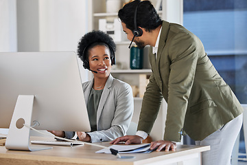 Image showing Call center, training and people manager for technical support, telemarketing strategy or workflow management. Talking, advice and telecom boss, leader or worker with black woman consultant in office