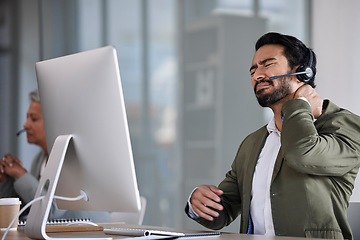 Image showing Neck pain, call center and tired man with fatigue, burnout and medical healthcare risk. Anxiety, stress and muscle injury of telemarketing agent, consultant or overworked technical support person