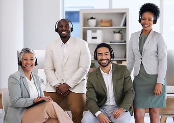 Image showing Teamwork, smile and call center with portrait of people in office for customer support, contact us or telemarketing. Community, diversity and consulting with group of employee for sales and retail