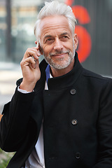 Image showing City, phone call and mature man at office, success and confidence, happy legal advice. Ceo, lawyer or businessman on sidewalk outside court with smartphone, smile and crm or networking conversation.