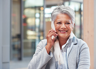 Image showing City, phone call and smile, mature woman outside law firm, successful discussion on legal advice. Ceo, lawyer or businesswoman on court sidewalk with 5g, smartphone and crm or networking conversation