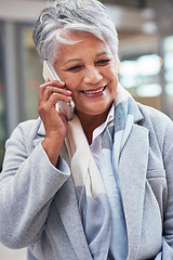 Image showing City, phone call and smile, mature woman at office, successful discussion on legal advice. Ceo, lawyer or businesswoman on sidewalk outside court with 5g smartphone, crm or networking conversation.