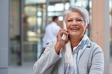 Image showing City, phone call and mature woman lawyer outside law firm, successful discussion on legal advice. Ceo, professional or businesswoman at court with communication, smartphone and crm conversation