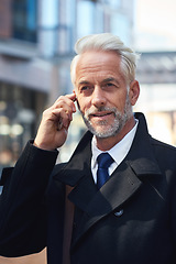Image showing City, phone call and mature businessman or lawyer outside law firm, successful discussion on legal advice. Ceo, boss or corporate man on sidewalk at court with smile, smartphone and crm conversation.