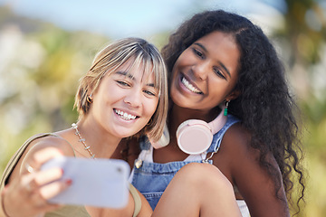 Image showing Smile, selfie and friends relax at a park for bonding, chilling and having fun on bokeh background. Happy, women and girls for profile picture, photo or blog by social media influencer in a forest