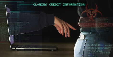 Image showing Phishing, cyber security and hacker with laptop and phone with matrix overlay for crypto, password and software cloning. Data, fraud and programming with hand of person for crime, digital and malware