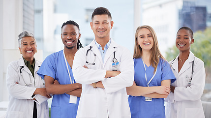 Image showing Arms crossed, medical teamwork and diversity portrait for hospital leadership, support and wellness clinic. Happy group of healthcare doctors, nurses and smile with motivation, trust and medicine