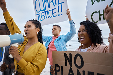 Image showing Protest, global warming and megaphone with black woman at the beach for environment, earth day and sign. Climate change, community and pollution with activist for social justice, support or freedom