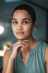 Image showing Administrator, serious and portrait of a businesswoman with focus and employee late at night or evening in an office. Confident, black woman and corporate face at startup company or small business