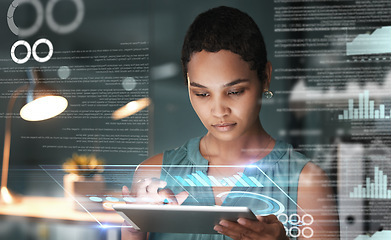 Image showing Black woman with tablet, focus and data overlay for erp app innovation, research and programming in future info technology. Futuristic analytics, software and developer for startup business website.