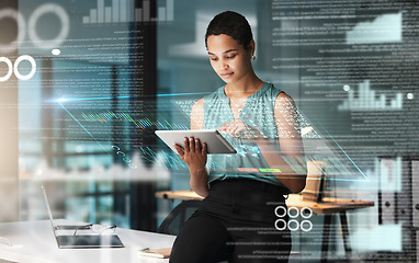 Image showing Black woman with tablet, erp overlay and charts, innovation in research and programming for future app technology. Futuristic network, analytics and developer for startup business website IT software