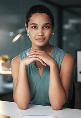 Image showing Consultant, entrepreneur and portrait of a businesswoman with focus and serious late night or evening in an office. Confident, black woman and corporate face at a startup company or small business