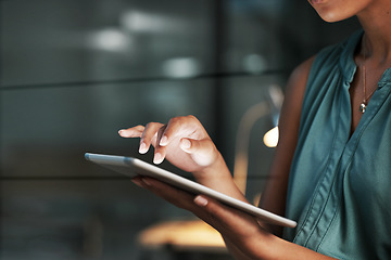 Image showing Hands, accountant or black woman at night on tablet for strategy, tax or audit review at a company business. Finance, girl or advisor scroll on tech for planning stock market, invest research