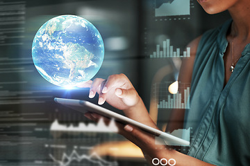 Image showing Tablet, hands and globe hologram with analytics, graph and future technology with digital overlay and woman with finance. Global network, world stock market and 3D, with investment and big data code