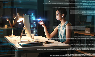 Image showing Computer, hologram graphs and woman point at finance hud, stock market database or future night overlay. Forex investment dashboard, web data analysis and African trader trading NFT or bitcoin crypto