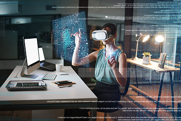 Image showing Woman, night and 3d vr headset with hologram network, web design and planning for global cybersecurity. Developer, augmented reality in metaverse for cloud computing or coding at office with ui