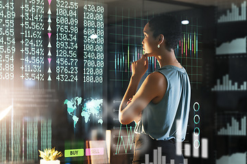 Image showing Hologram chart, stock exchange woman or thinking of finance numbers, future IPO database or night ui overlay. Forex investment idea, data analysis hud or African broker trading NFT, bitcoin or crypto