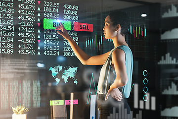 Image showing Hologram analytics, stock exchange pointing or woman buy financial share, future IPO database or night ui overlay. Forex investment, data analysis hud or African broker trading NFT, bitcoin or crypto