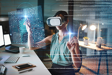 Image showing Woman, coding and night with vr double exposure, hologram graphic or web design planning for cybersecurity. Developer, augmented reality glasses or future cloud computing at office with metaverse ux
