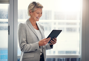 Image showing Business, smile and senior woman with tablet and happy lawyer on office with vision and success. Ceo, internet and corporate industry, mature businesswoman in management at advisory company.