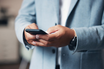 Image showing Businessman, hands and phone typing on office schedule, financial management app or investment calendar. Zoom, corporate and finance ceo on mobile technology for insurance review, research or savings