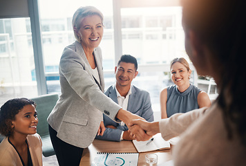 Image showing Ceo meeting, success or business people shaking hands after a contract agreement for working together. Diversity, company and happy management welcome a worker in a new partnership deal in office