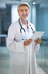 Image showing Healthcare, tablet and portrait of senior doctor in hospital for wellness, medical care and support. Insurance, clinic and woman smile with digital tech for telehealth, research or online consulting