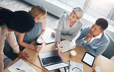 Image showing Top view, business people or laptop screen in meeting for teamwork planning, finance diversity or investment workshop. Corporate men, women or collaboration on technology for fintech budget strategy