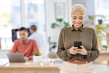 Image showing Black woman in business, smartphone and communication in workplace, reading post and mockup with smile. Meme online, social media manager and content creator for startup, creative and connectivity