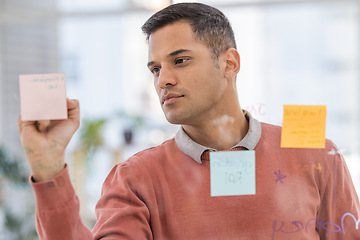 Image showing Planning, writing and businessman with strategy in office for schedule, agenda or calendar on sticky note. Leader, startup and male brainstorming vision, mission or creative goal, serious or mindset