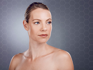Image showing Skincare, beauty mockup and face of woman on gray background for wellness, cosmetics and makeup. Dermatology, luxury spa and girl with hexagon pattern for facial treatment, anti aging and self care