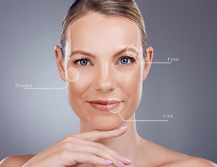 Image showing Dermatology anti aging, skincare and portrait of woman on gray background for wellness, cosmetics and makeup. Beauty mockup, spa hologram and girl face for facial care, treatment and skin health