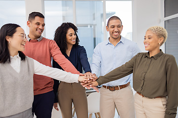 Image showing Team building, hands or business people in meeting together in solidarity or group project for motivation. Diversity, mission or happy employees in collaboration for a vision, strategy plan or goals