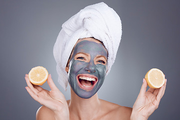 Image showing Lemon mask, clay and woman for healthy facial, beauty portrait and anti aging wellness makeup in studio. Happy female model, citrus fruits and vitamin c for charcoal product, shower and laughing face