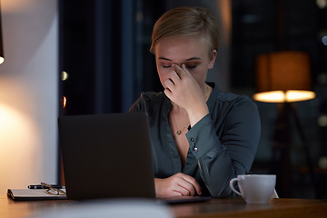 Image showing Woman, night and office with laptop, headache and tired at finance planning job with burnout at desk. Corporate financial executive, computer and frustrated with pain, mental health and exhausted