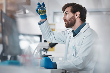 Image showing Research, man or scientist in laboratory with chemical liquid for science chemistry or scientific testing. Physics analysis, healthcare or medical doctor with acid solution for medicine development