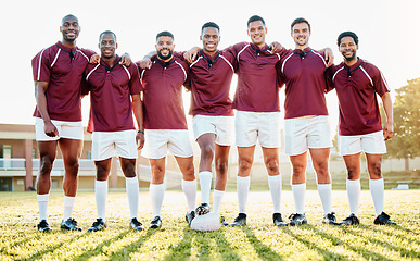 Image showing Men, sports and portrait of a rugby team on a field for stretching, training and fitness exercise. Athlete group people train for teamwork, competition game and diversity with workout and performance
