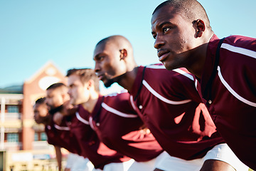 Image showing Man, huddle and team scrum for sports motivation, coordination or collaboration in the outdoors. Group of sport men in fitness training, planning or strategy getting ready for game, match or start