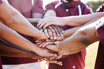 Image showing Hands, sports and collaboration in trust, partnership or unity together in solidarity for motivation. Hand of group in support of teamwork, goal or planning for strategy, sport game or win agreement