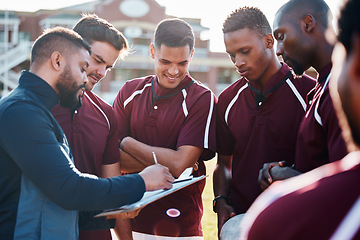 Image showing Rugby team, people and coaching for field strategy, checklist and training progress, teamwork and planning game. Leadership man talking to sports men or athlete group for workout or competition goals