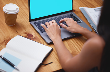 Image showing Woman hands, laptop and typing on mockup screen for planning, data analysis and internet administration. Closeup worker, mock up and computer keyboard for seo research, website or business management