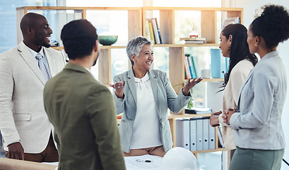 Image showing Senior woman leader, architect meeting and planning with vision, strategy or collaboration in office with smile. Team, engineer and manager with mission, teamwork or leadership for architecture group