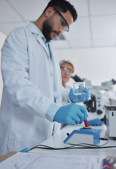 Image showing Research, laboratory or man doctor with blood in test tube for medical search, healthcare or dna learning. Science, medicine lab or scientists with fluid sample analysis, study or results examine