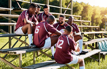 Image showing Rugby, break and team of sports men talking, relax and share ideas for training at a field. Fitness, friends and man group discuss game strategy before match, workout and planning practice in huddle